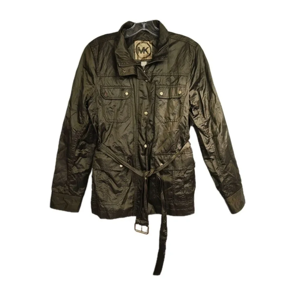 Michael Kors Rain Jacket‎ Women's M Olive Green Belted Full Zip Pockets